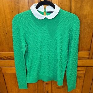 Brooks Brothers Women’s Emerald Green Diamond Cable Sweater with White Collar